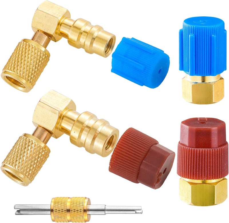 Tigbear R12 to R134A Conversion Kit, R12 to R134A AC Fitting Adapter Kit, 90°Port Retrofit Adapter High/Low Pressure Port Retrofit Adapter with Valve Core for Auto A/C Refrigerant System - Image 1
